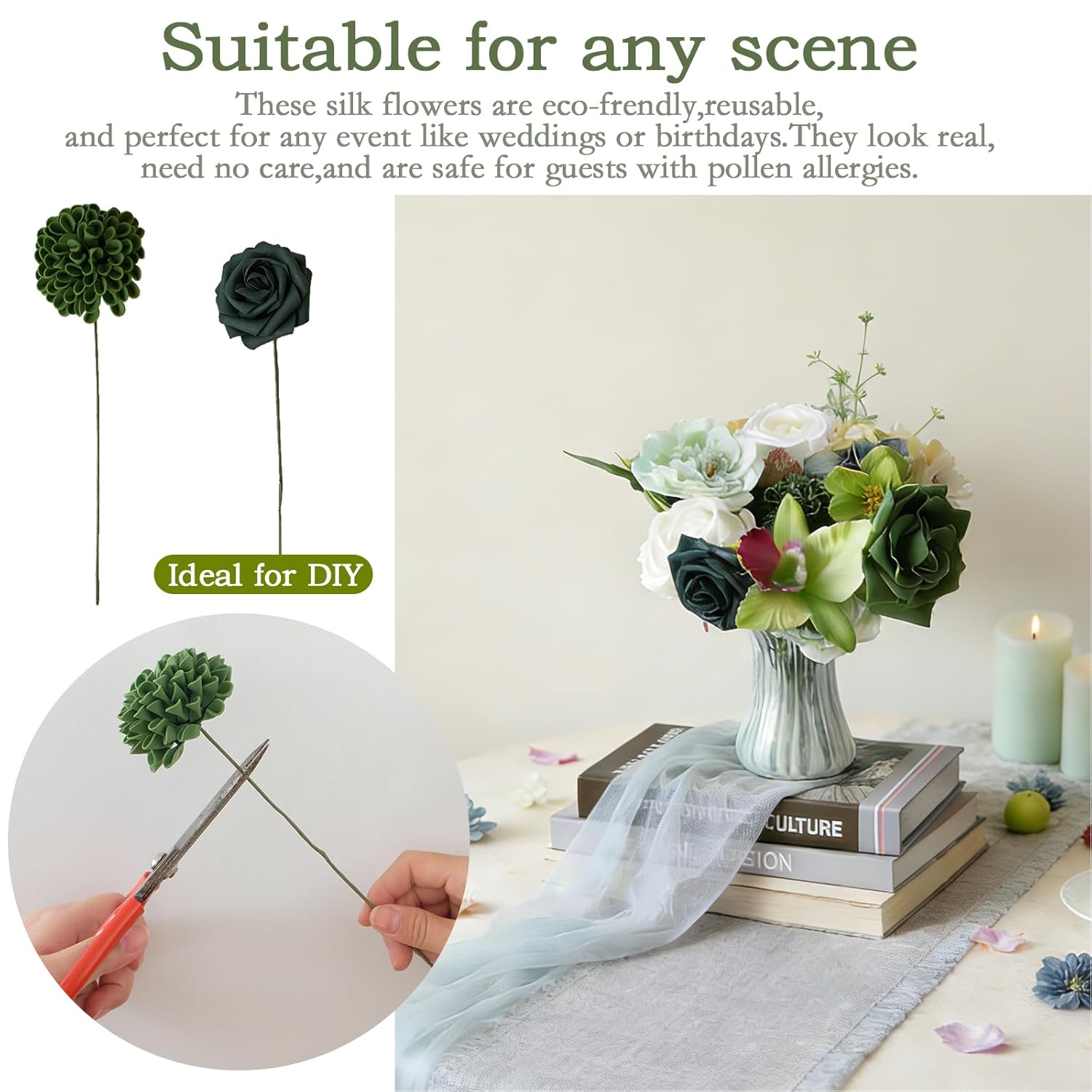 Sage Green Artificial Flowers Combo Set - Silk Roses Orchid Hydrangea For Wedding Bouquets, Diy Bridal Flower Arrangements, Wedding Table Centerpieces For Receptions, Green Flowers For Home Decor