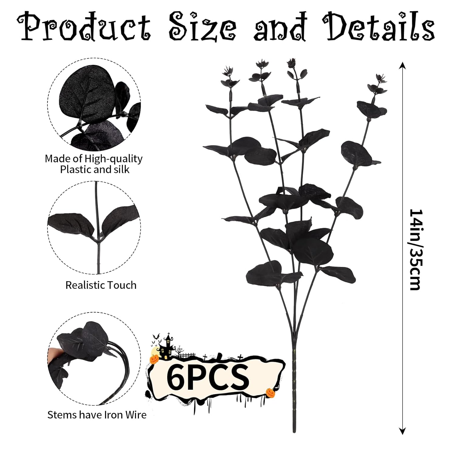 6Pcs Artificial Black Eucalyptus Stems,13.8 Inch Faux Leaves Eucalyptus Bouquet For Halloween Decor Party Home