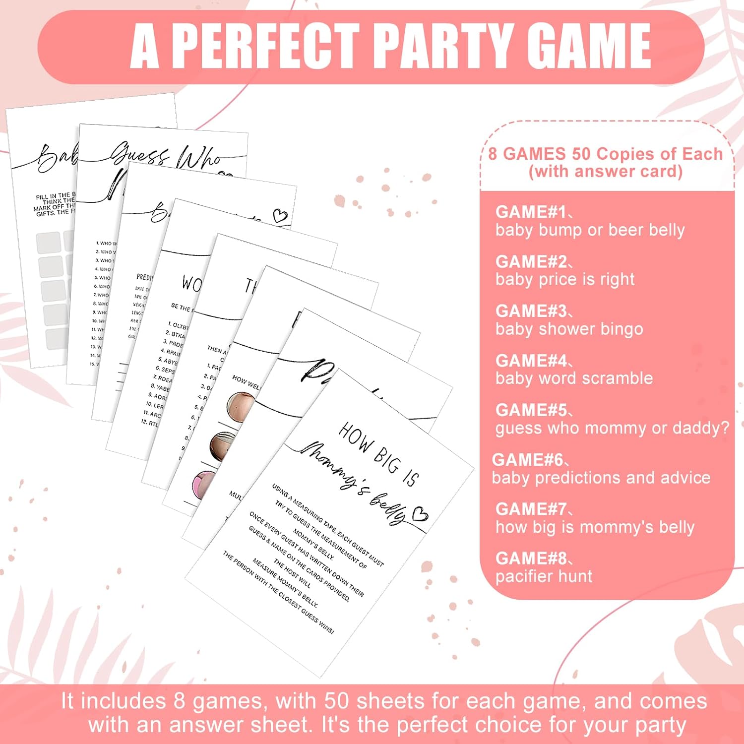 279 Pcs Simple White Baby Shower Games Set For 50 Guest, 8 Games Include Baby Shower, Guess Mommy Or Daddy, Word Scramble, How Big Is Mommys Belly, Pacifier Hunt, Fun And Easy To Play