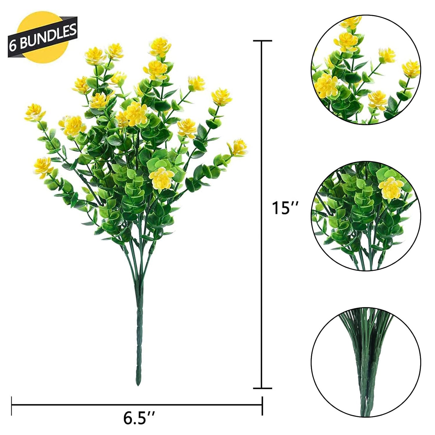 Artificial Flowers Outdoor Fake Flowers For Decoration Uv Resistant No Fade Faux Plastic Plants Garden Porch Window Box Décor (6 Bundles, 2#Yellow)