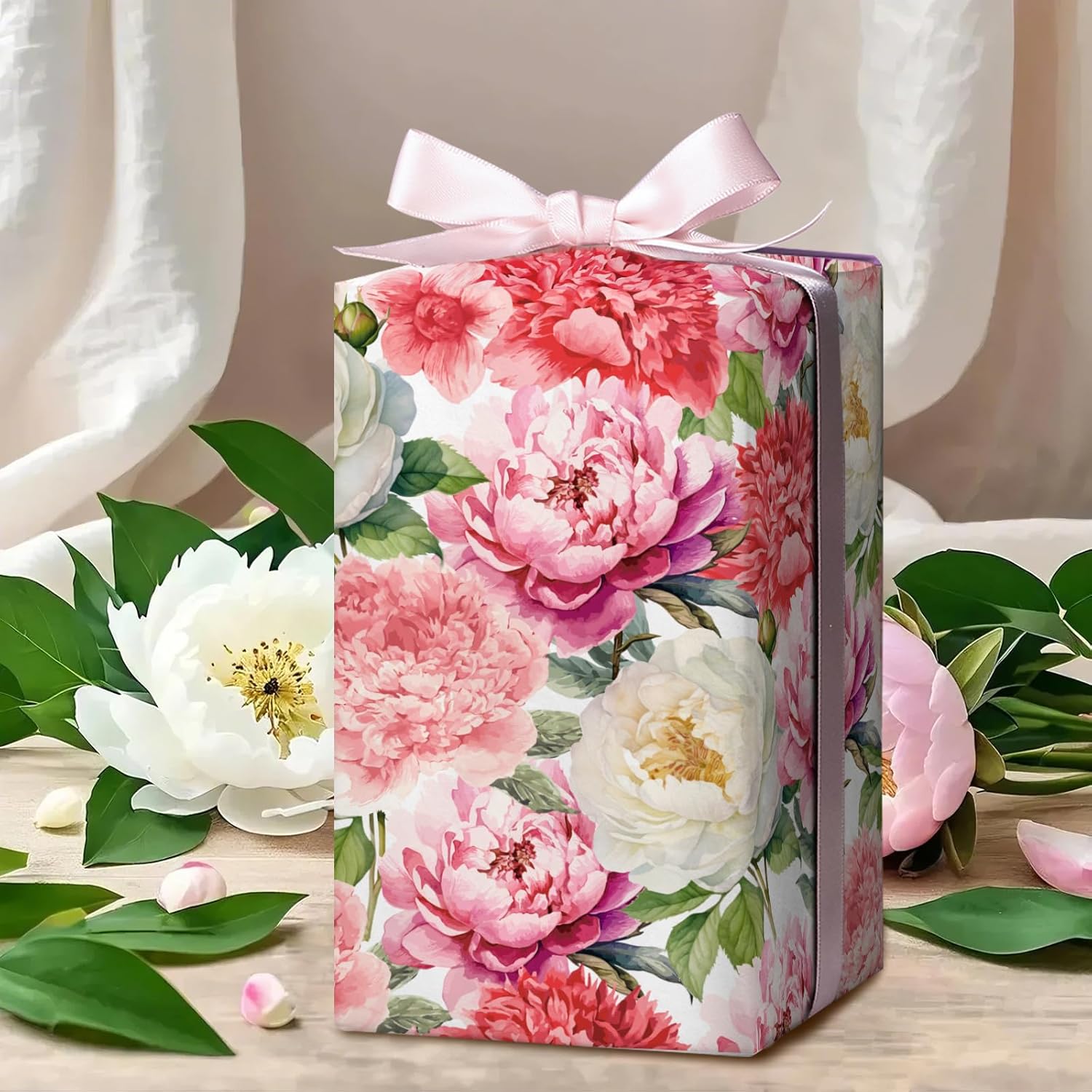 Floral Wrapping Paper Roll - Mini Roll - 17 Inch X 9.8 Feet - Red Pink Flower Wrapping Paper Perfect For Girls Women Birthday, Wedding, Bridal Shower