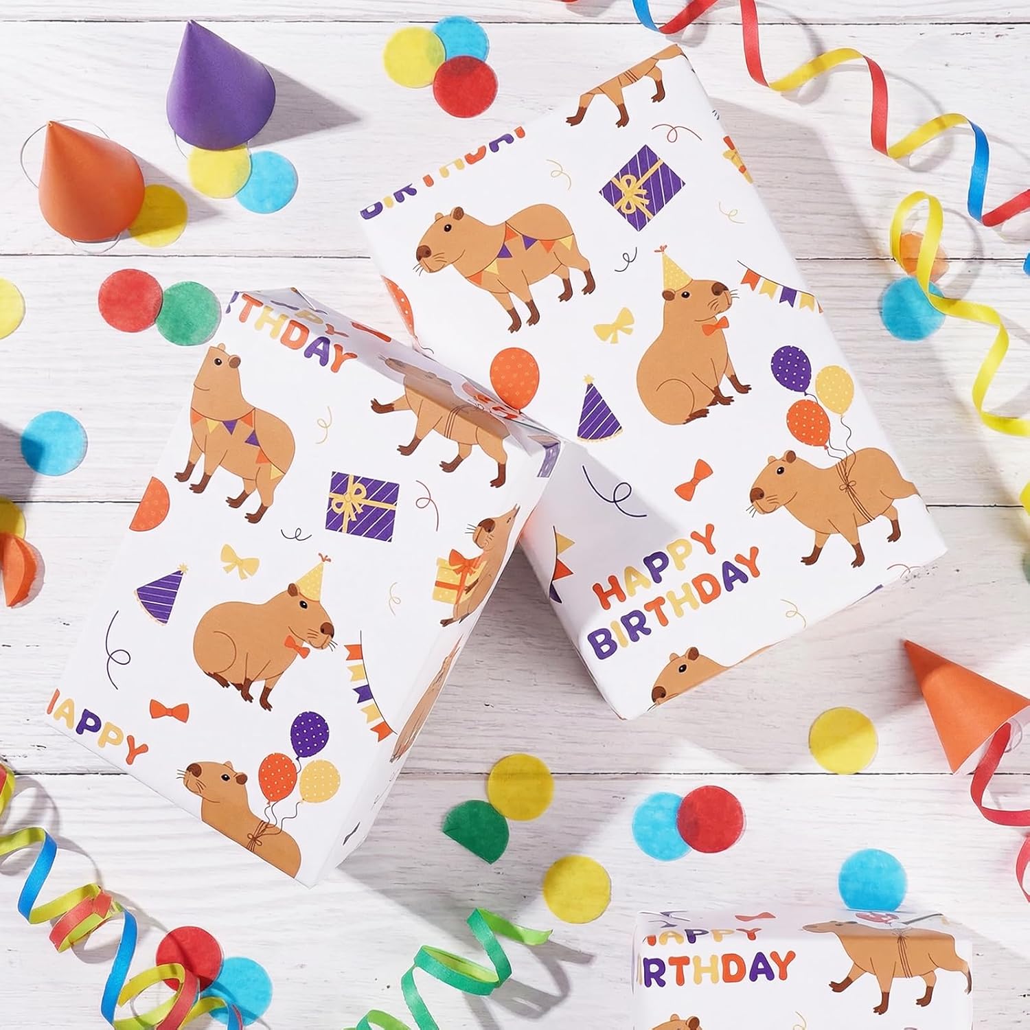 Capybara Birthday Wrapping Paper Roll, Happy Birthday Wrapping Paper For Kids, Cute Capybara Gift Wrap For Boys Girls Kids Holiday Baby Shower Party Supplies, 17 Inch × 16.4 Feet