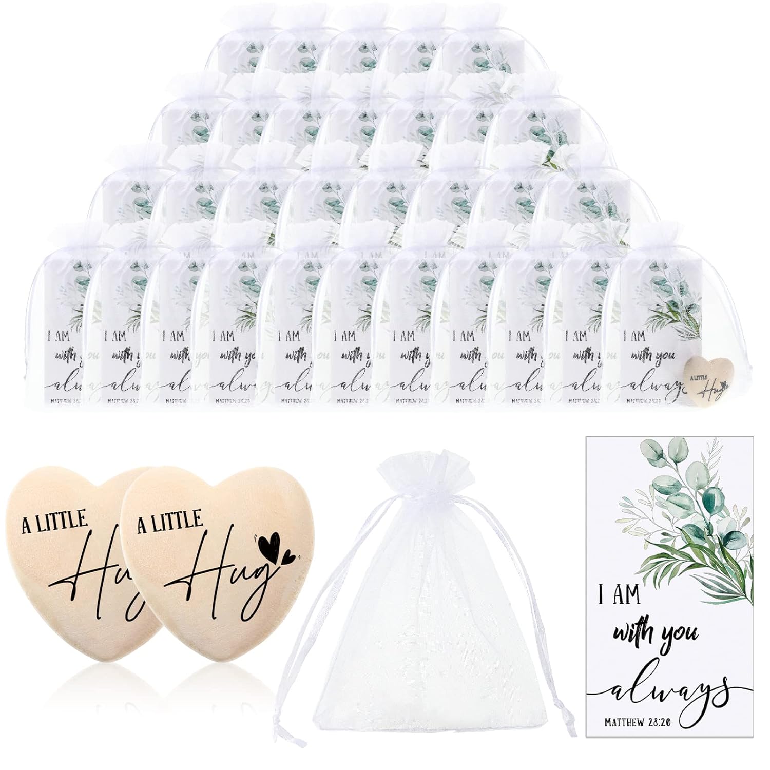 100 Sets Valentine'S Day Gifts Wooden Heart Pocket Hug Token With Bible Hug Card Organza Bag Bulk Student Pocket Reminder Keepsake Heart Charm For Family Friend Colleagues
