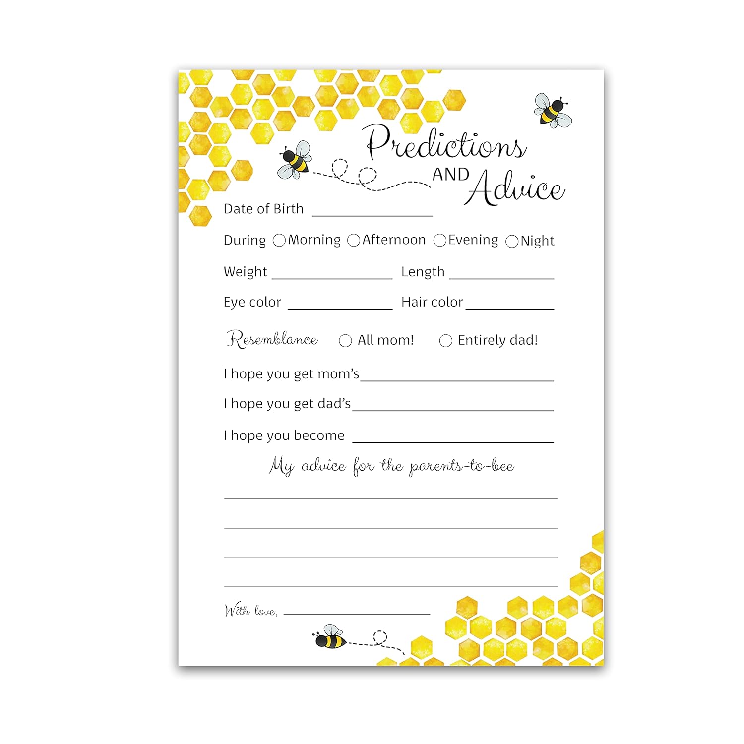 Bee Prediction And Advice Cards - Pack Of 25 - Bumblebee Baby Shower Games, Yellow Neutral Bumble Bee New Parents, Mom & Dad To Be, Mommy & Daddy Message, Honey Bee Coed Activity Keepsake G620-Pdav