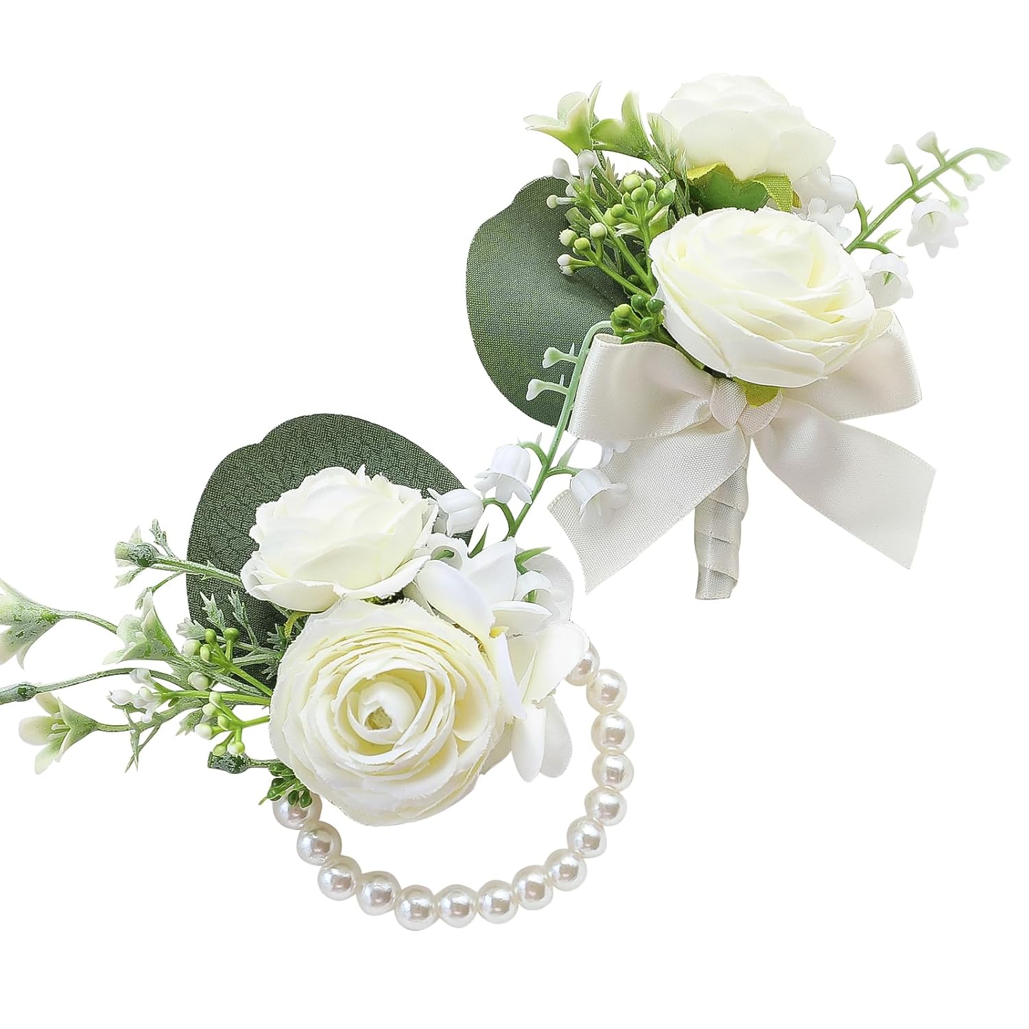 Ivory Ranunculus Peony Wrist Corsage Wristlet Band Bracelet And Men Boutonniere Set For White Wedding Flower Accessories Prom Suit Decorations