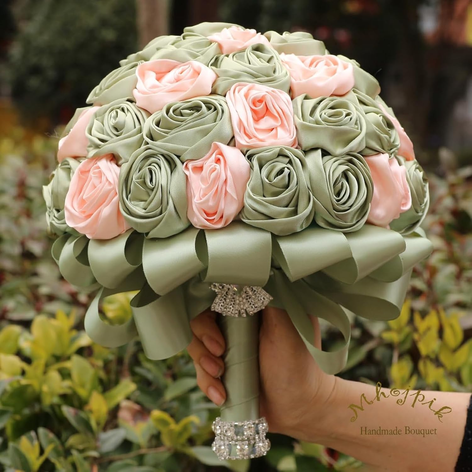 Handmade Wedding Flowers Bouquet Round Holding Bridal Bouquet Toss Artificial Rose Bunch For Bride Bridesmaid Wedding Quinceanera (Sage Green & Light Salmon Pink, 7.5")