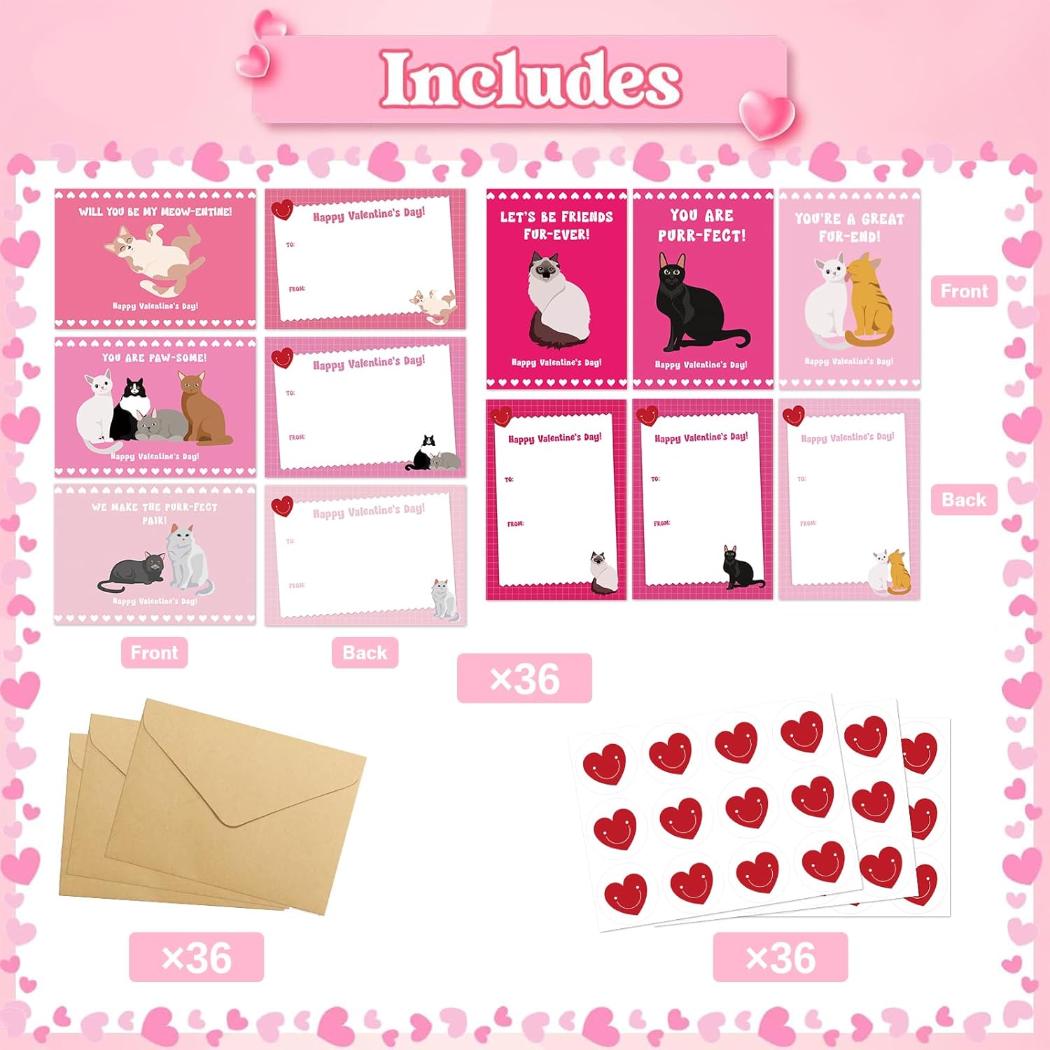 Funny Cat Valentine'S Day Cards Bulk With Envelopes & Stickers, 36 Pack Cute Kitten Valentines Day Postcards For Kids Students, 5 X 3.5 In Pun Valentines Notecards For School Preschool Class Classroom