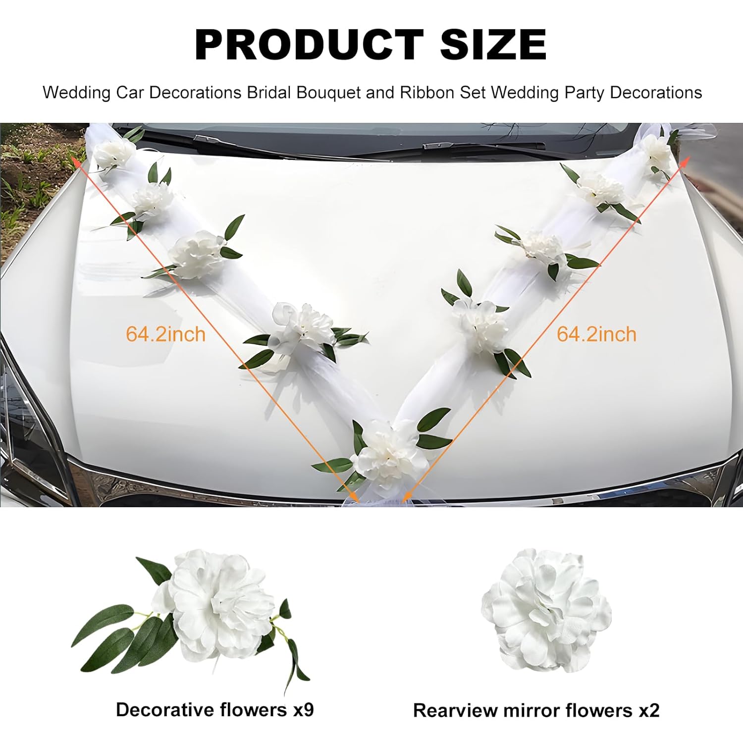 Wedding Car Decorations, Artificial Flowers Bouquet & Ribbon Set Car Front Wedding Decor, Floral Ribbon Set Bridal Cars Decoration For Rear View Mirror Engine Hood (White)