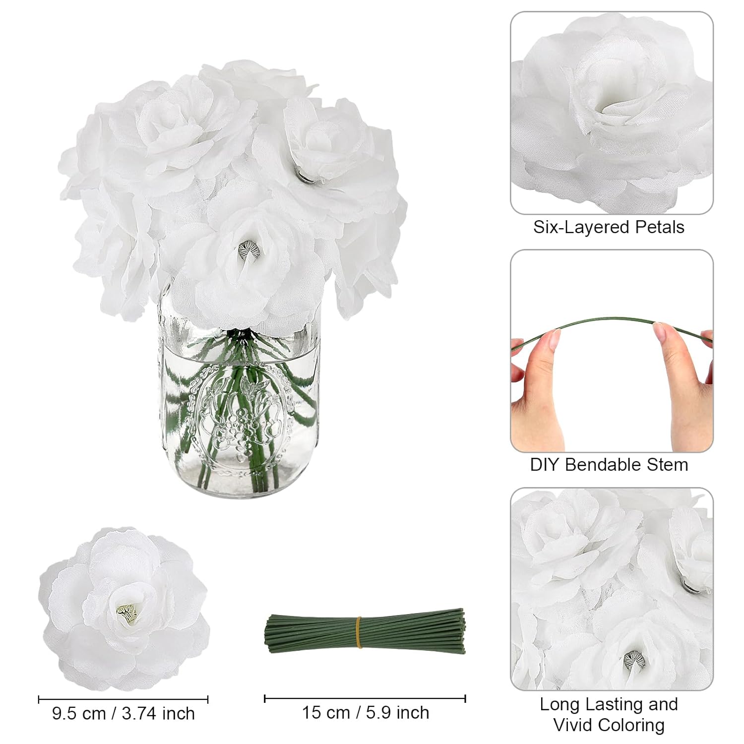108Pcs White Roses Head Flowers With Stem - Artificial Flowers Rose Bulk - Silk Rose Fake Flower For Wedding Bouquet Party Home Decor Diy Baby Shower Centerpieces Tables Decoration