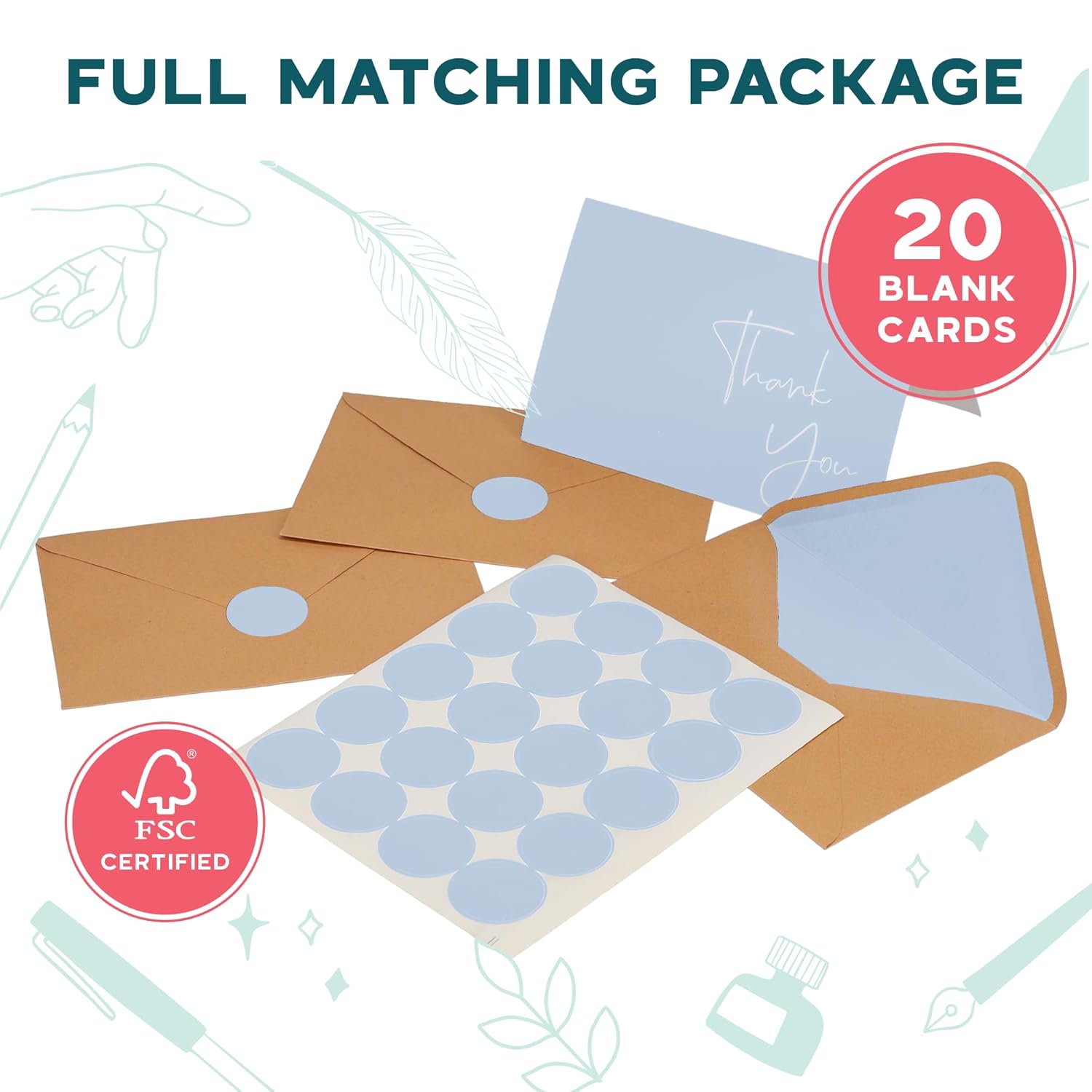 50 Pack Thank You Cards With Envelopes, Stickers, 3.5X5 Inch Blank Thank You Notes - Bulk Box Set Notes For Graduation, Wedding, Small Business, Baby & Bridal Shower Card - Light Blue