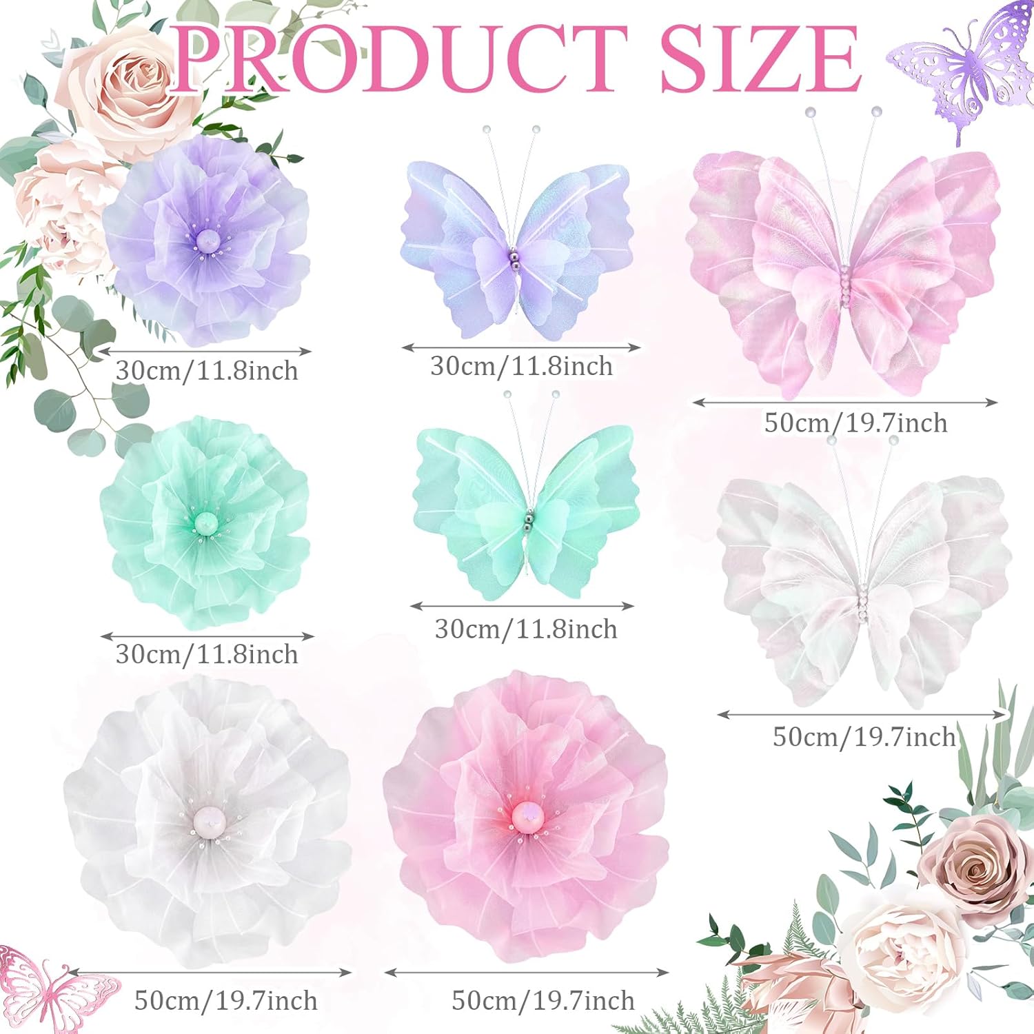 8 Pcs Giant Butterfly Flower Decorations 20 Inch 12 Inch 3D Large Silk Butterfly Artificial Flower Wall Decorations For Wedding Backdrop Bridal Shower Birthday Party Bedroom Living Room Decoration