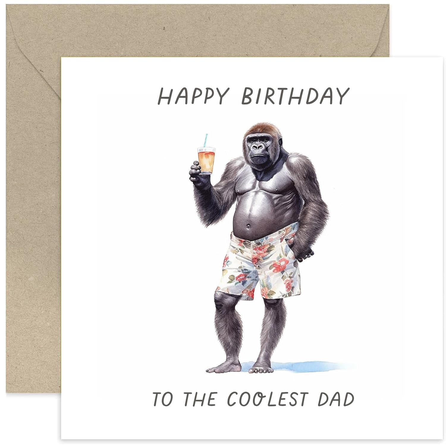 Old English Co. Funny Birthday Card For Dad - Gorilla 'Coolest Dad' Birthday Greeting Card For Him Men - Humorous Animal Birthday Card For Dad From Son Or Daughter | Blank Inside With Envelope