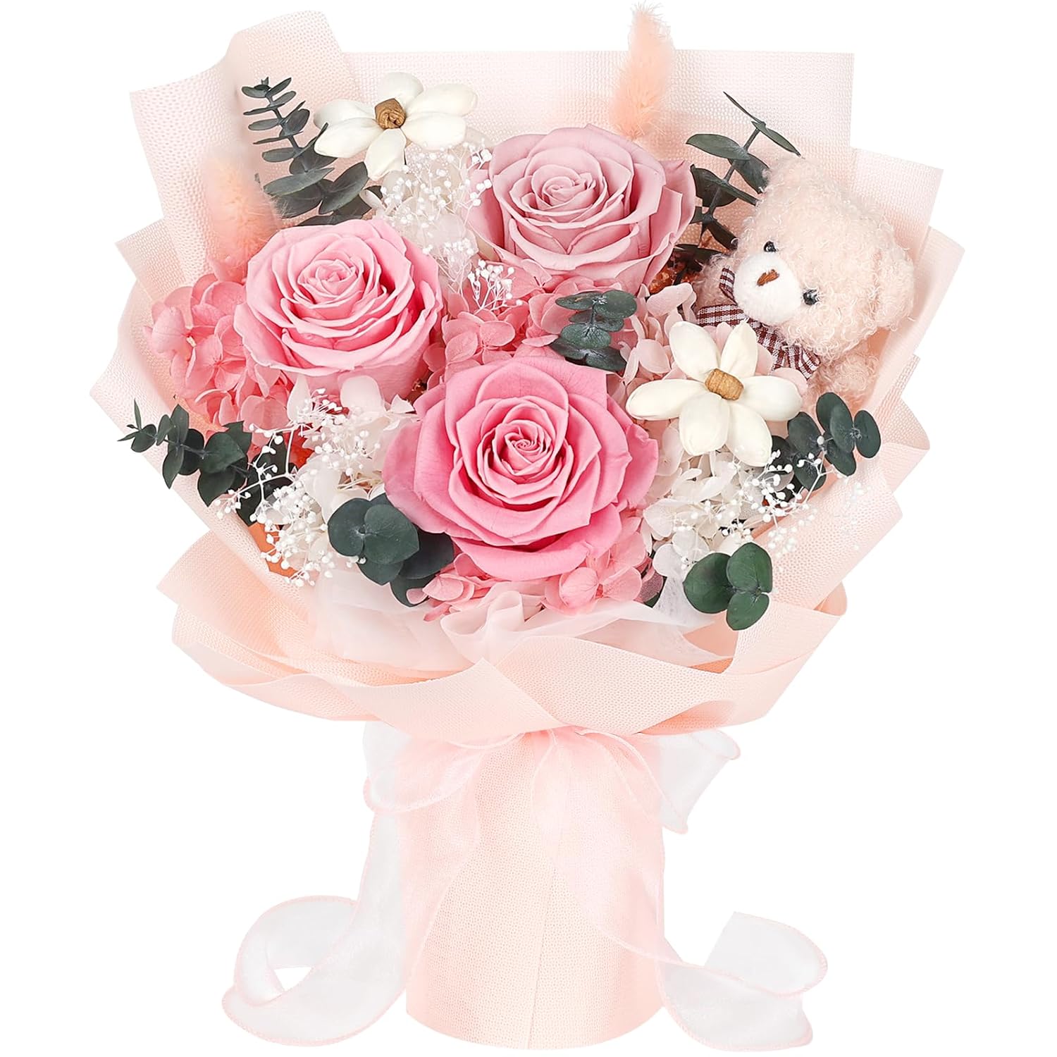Preserved Flowers Bouquet With Bear, 3 Real Forever Flowers For Delivery, Long-Lasting Pink Eteranl Roses Bouquet, Anniversary Birthday Valentine Gifts For Women Mom Grandma Her Wife Girlfriend