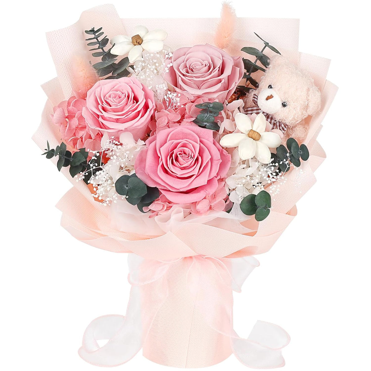 Preserved Flowers Bouquet With Bear, 3 Real Forever Flowers For Delivery, Long-Lasting Pink Eteranl Roses Bouquet, Anniversary Birthday Valentine Gifts For Women Mom Grandma Her Wife Girlfriend