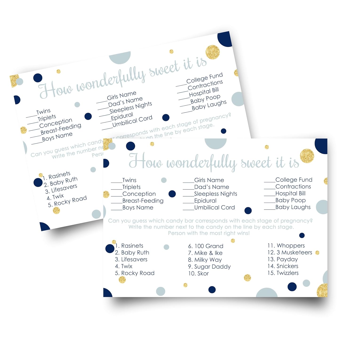 Navy And Gold Baby Shower Game - Candy Bar Matching Activity Cards - Guess The Stages Of Pregnancy And Parenthood - Funny Game For Guests - Royal Prince Little Star Theme - 25 Pack
