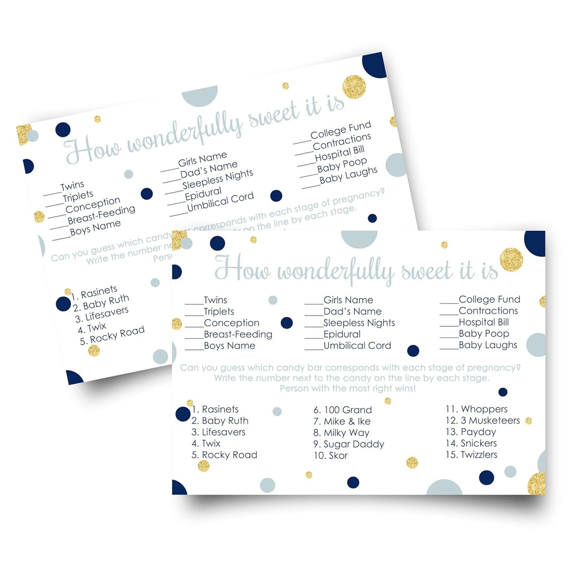 Navy And Gold Baby Shower Game - Candy Bar Matching Activity Cards - Guess The Stages Of Pregnancy And Parenthood - Funny Game For Guests - Royal Prince Little Star Theme - 25 Pack