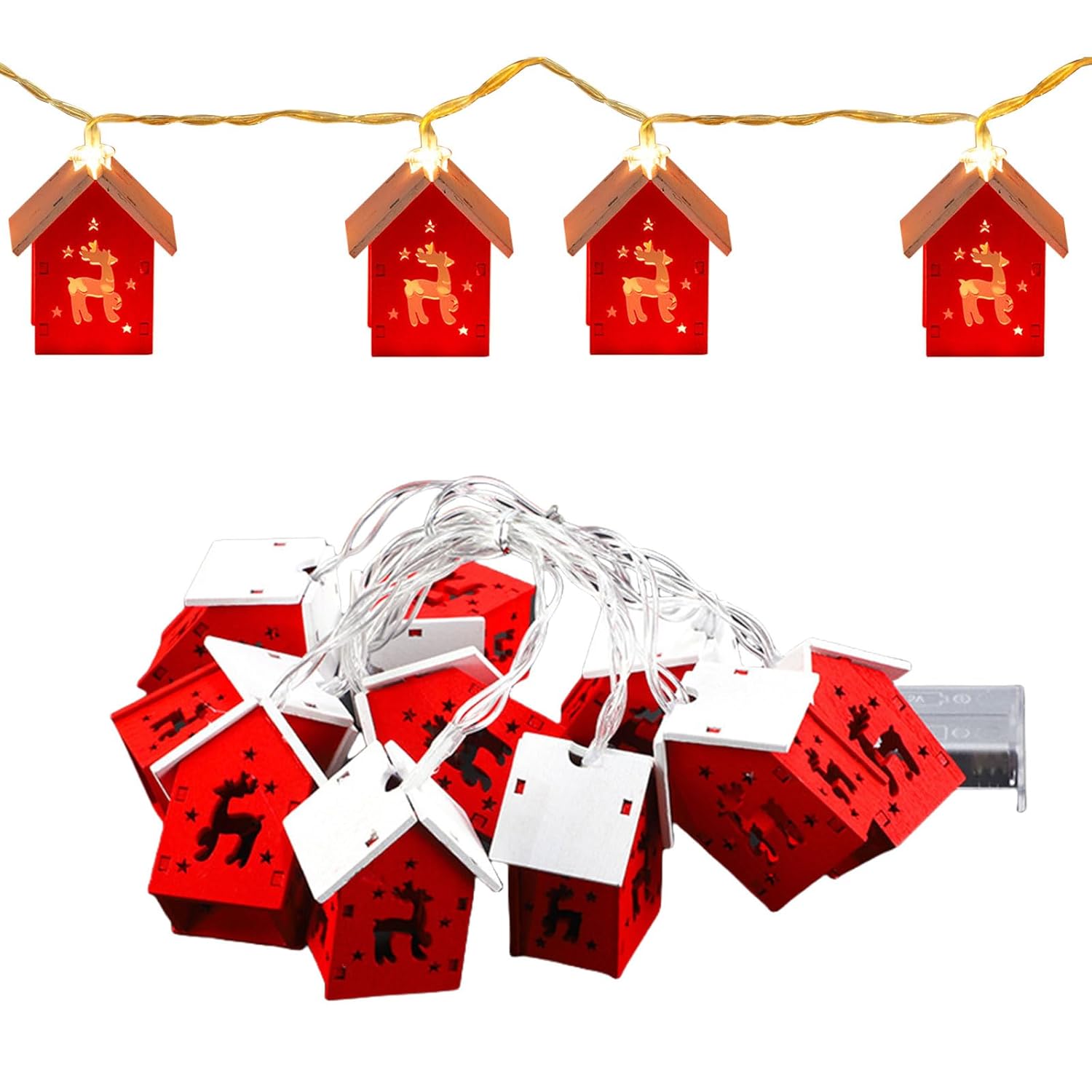 Christmas Lights, 6.56 Ft 10 Led Christmas Wooden House String Lights Battery Operated Xmas Tree Hanging Ornament Lights