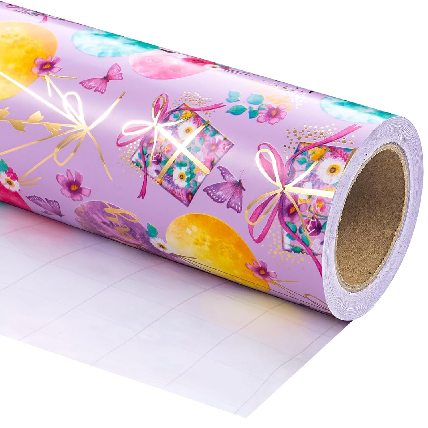 Purple Birthday Wrapping Paper - Mini Roll - 17 Inch X 16.5 Feet - Gold Foil Fantasy Purple Happy Birthday Paper For Kids, Girls, Women, Wedding, Bridal Shower