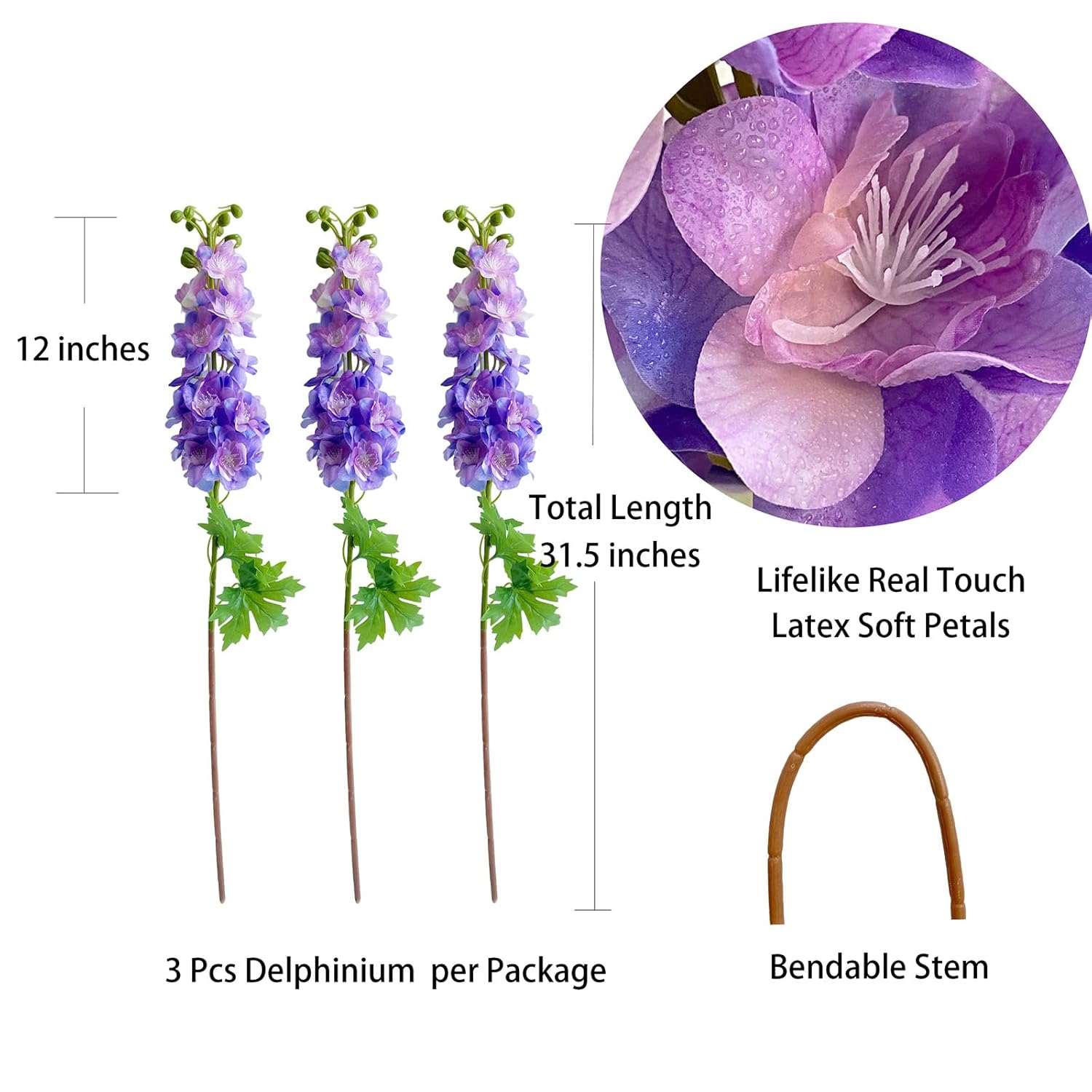 3Pcs Purple Delphinium Artificial Flower 31.5'' Long Stem Fake Larkspur Lifelike Real Touch Delphinium Latex Flower For Tall Vase Home Table Decor Wedding Flower Arrangement Decoration
