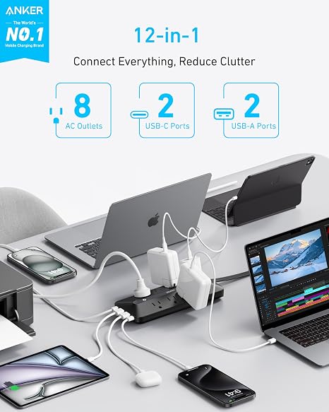 Power Strip Surge Protector 8 Outlets 4 USB Ports 2 USB C 5FT Flat Plug Extension Cord 900J 35W