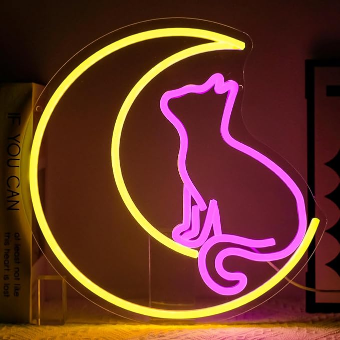 Moon Cats Neon Sign Dimmable Pink Yellow LED Wall Light for Bedroom Dorm Bar Room Decor
