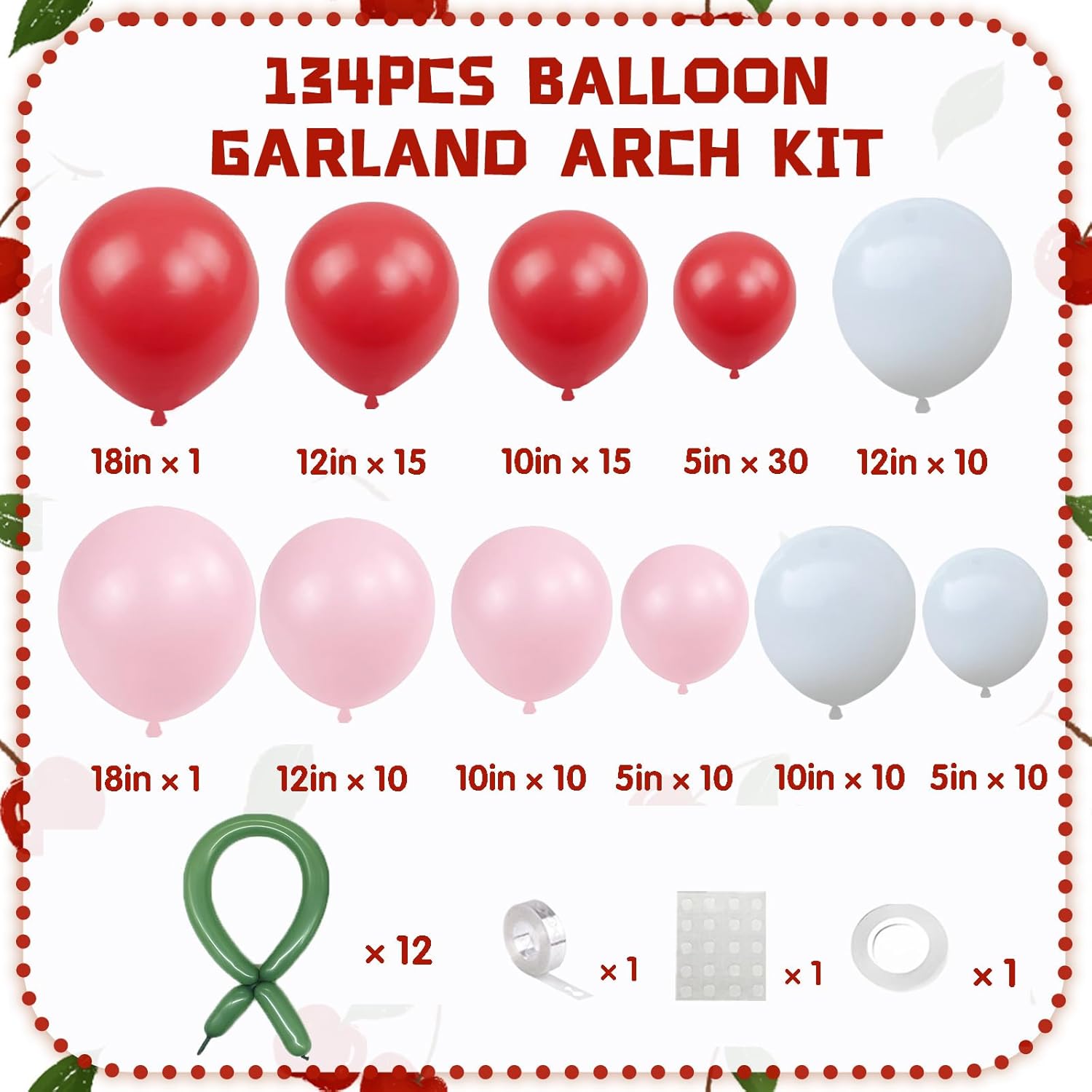 Cherry Balloon Garland Arch Kit, 134Pcs Pink And White Red Balloons Garland For Cherry Themed Birthday Princess Party Baby Shower Wedding Galentine'S Bridal Shower Party Decorations