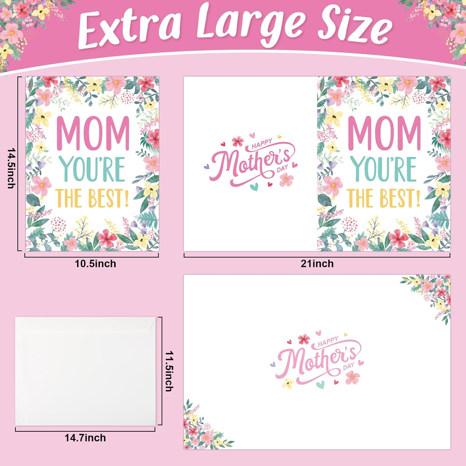 Large Happy Mother'S Day Greeting Card With Envelope 22 X 14 Inch, Huge Card Good Luck Gift Office For Mom, Giant Jumbo Guest Book, Signature Card Happy Mother Party Supplies Floral