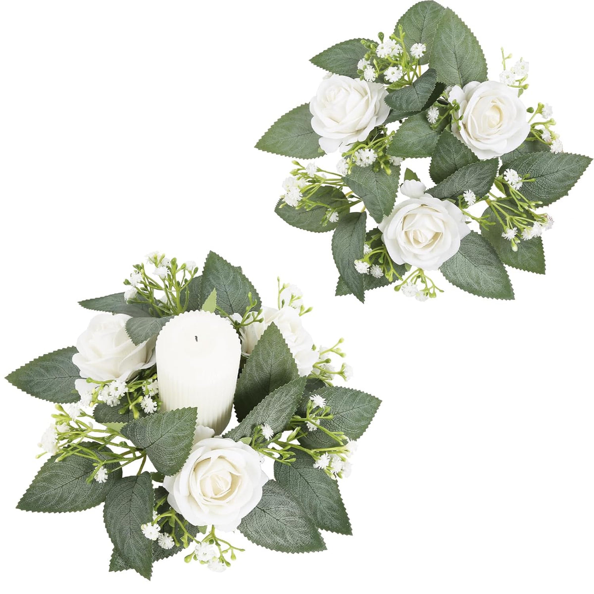 2 Pcs White Artificial Flowers Candle Rings Wreaths For Pillars, Velvet Rose Candle Wreath Rings For Wedding Table Centerpieces, Valentine'S Day, Farmhouse Home (White)