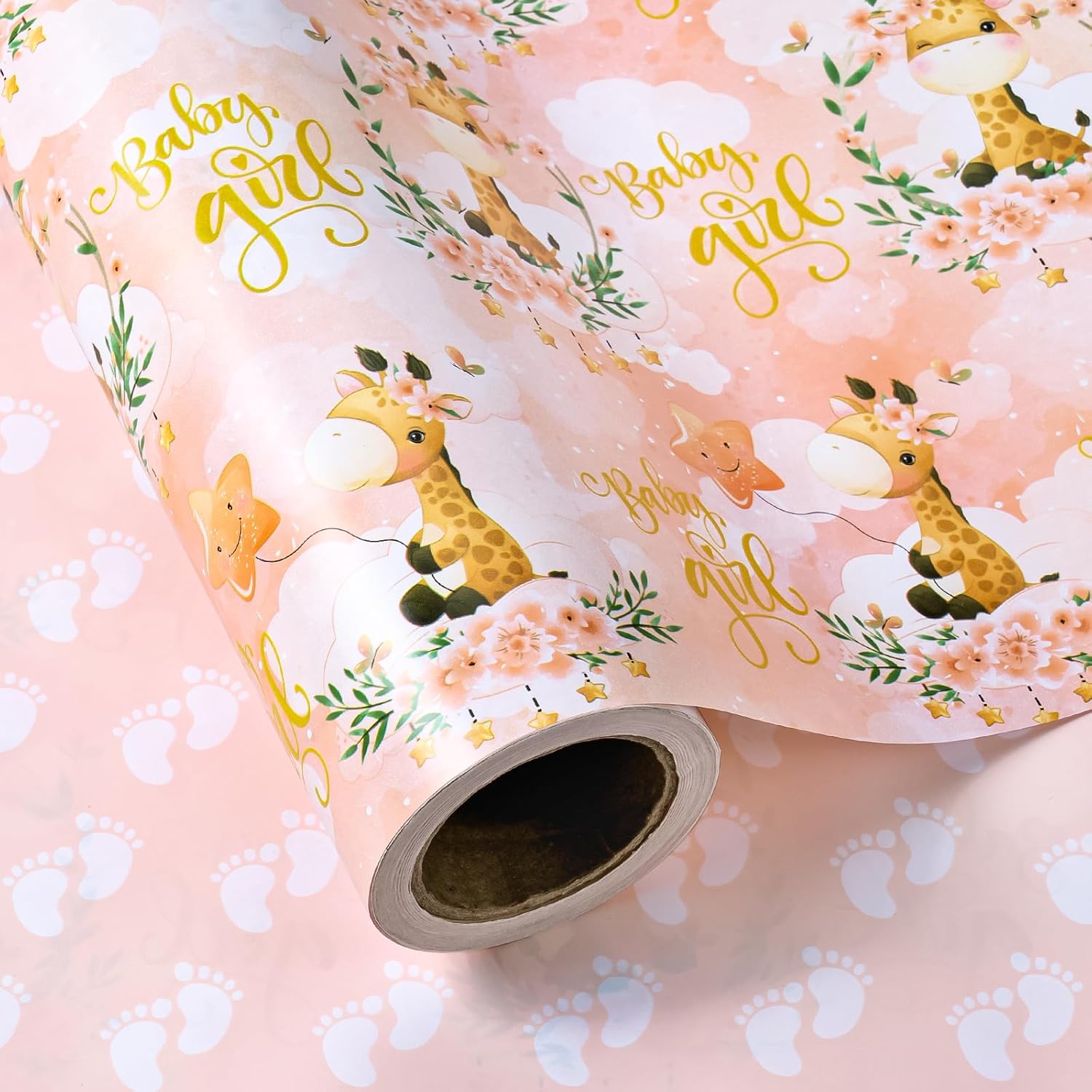 30 Inch Reversible Baby Girl Wrapping Paper Roll - 30 Inch X 33 Feet - Cute Giraffe And Baby Footprints Design For Kids Girls Baby Shower, Birthday