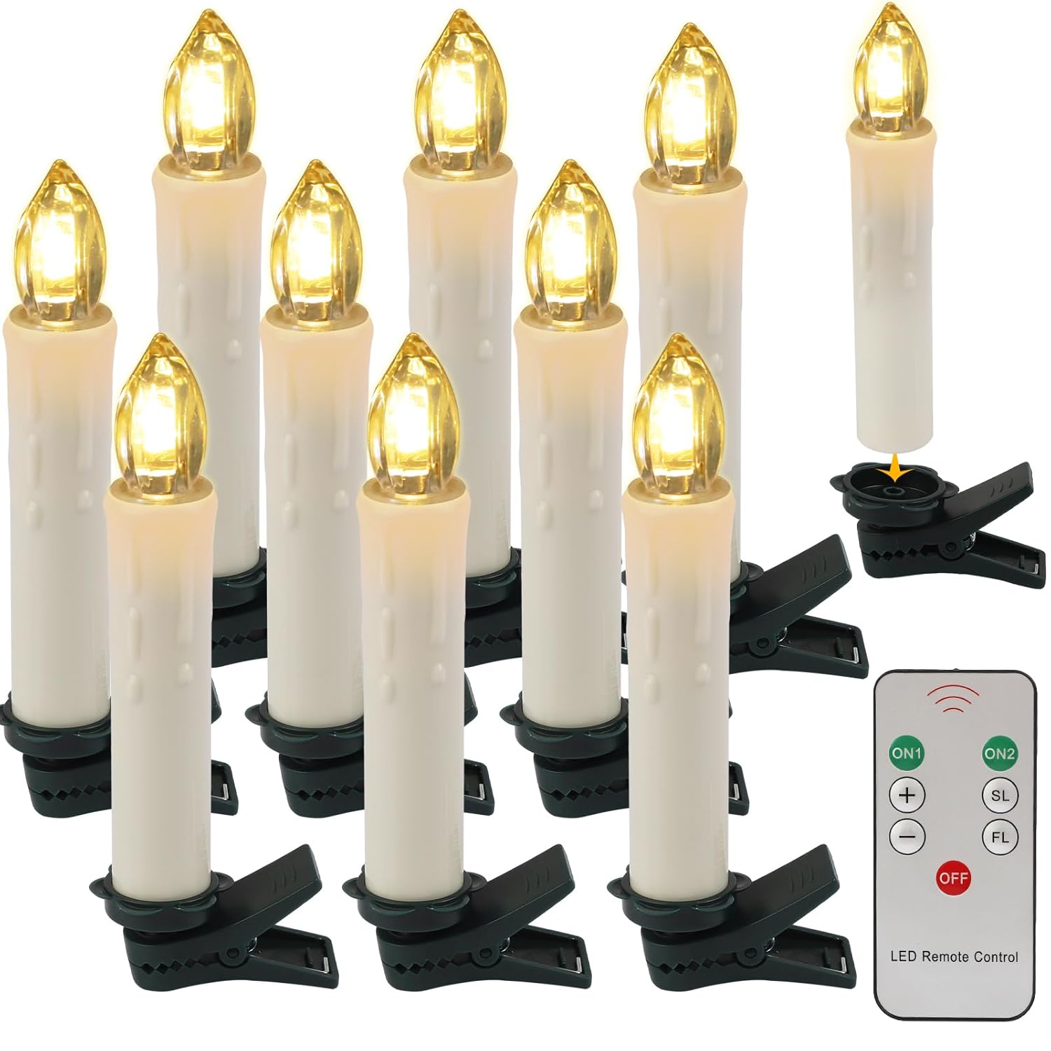 Led Flamelesstaper Candles With Remote And Removable Clips, Battery Operated, Drip Effect, For Christmas, Decoration, Set Of 10 (Warm White-W7)