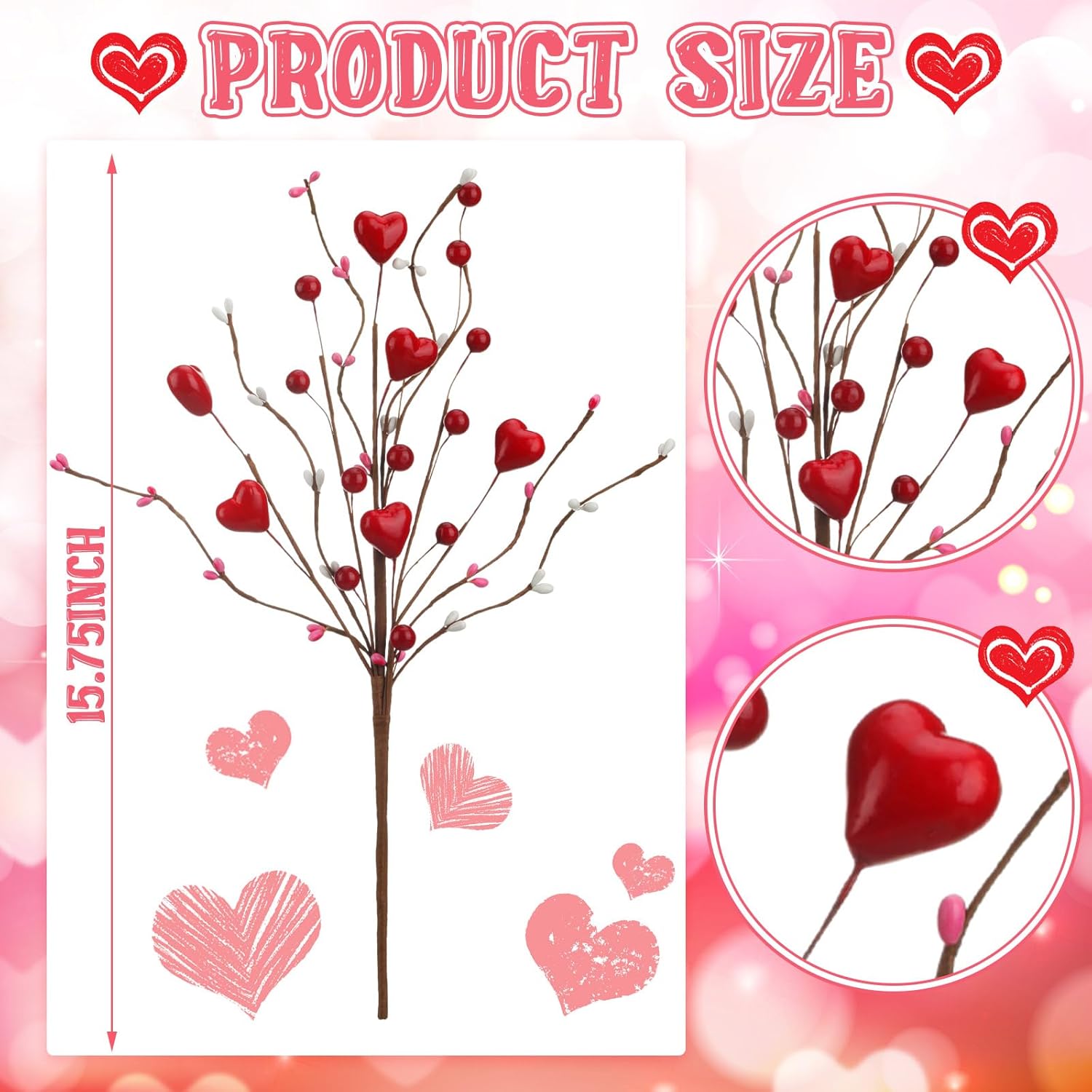 12 Pcs Valentine Floral Picks Pink Artificial Berry Stems Heart Shaped Branch Heart Sprays Picks Flowers For Valentine Mother'S Day Christmas, Wedding, Propose Home Decor