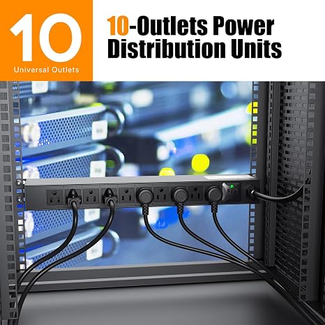 1U Rack Mount PDU Power Strip 10 Outlets Individual Switches 15A 6 Ft Cord