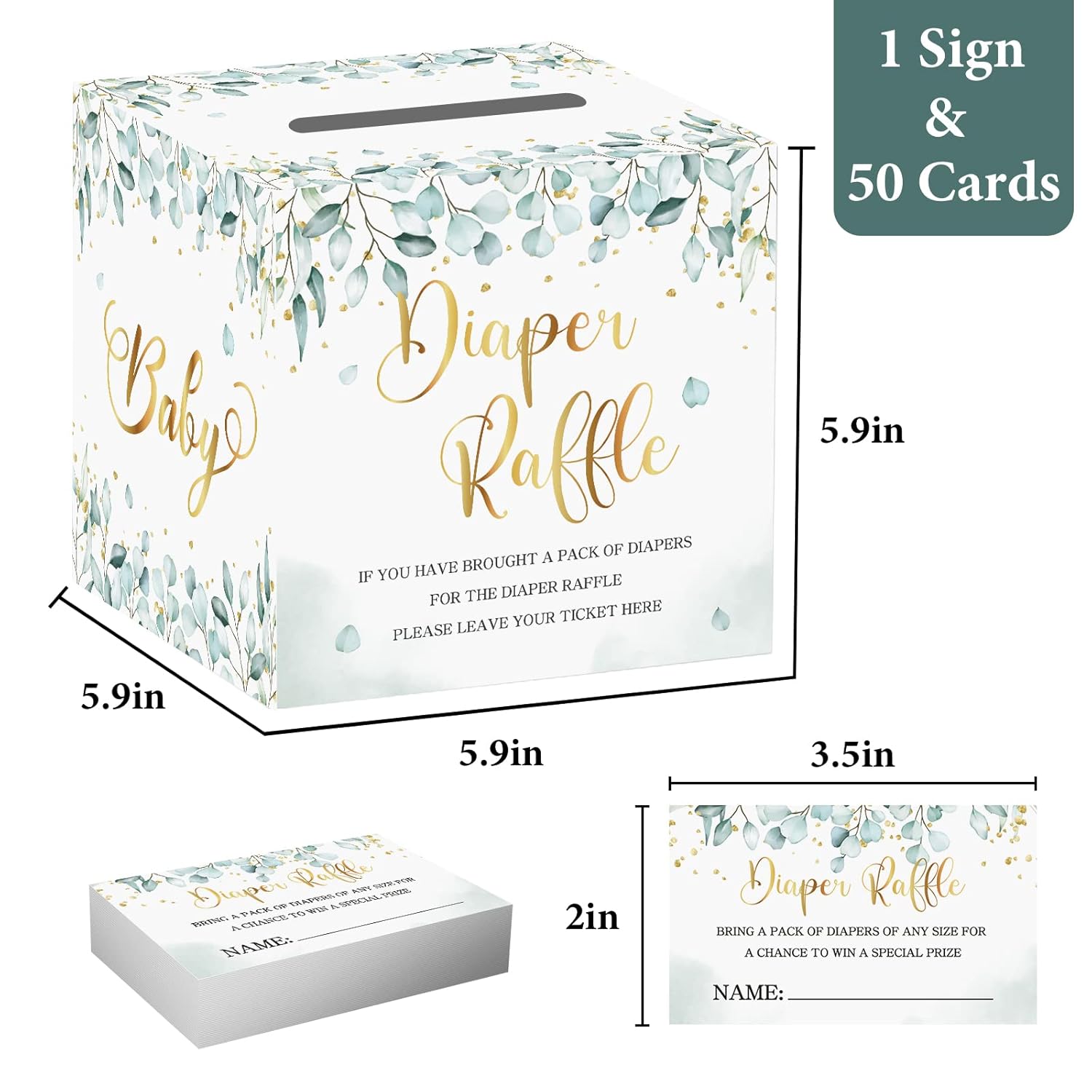 51Pcs Diaper Raffle Sign, Baby Shower Game Diaper Raffle Card Box Party Decorations Game Kit (1 Raffle Box + 50 Cards) Neutral Greenery Wi01