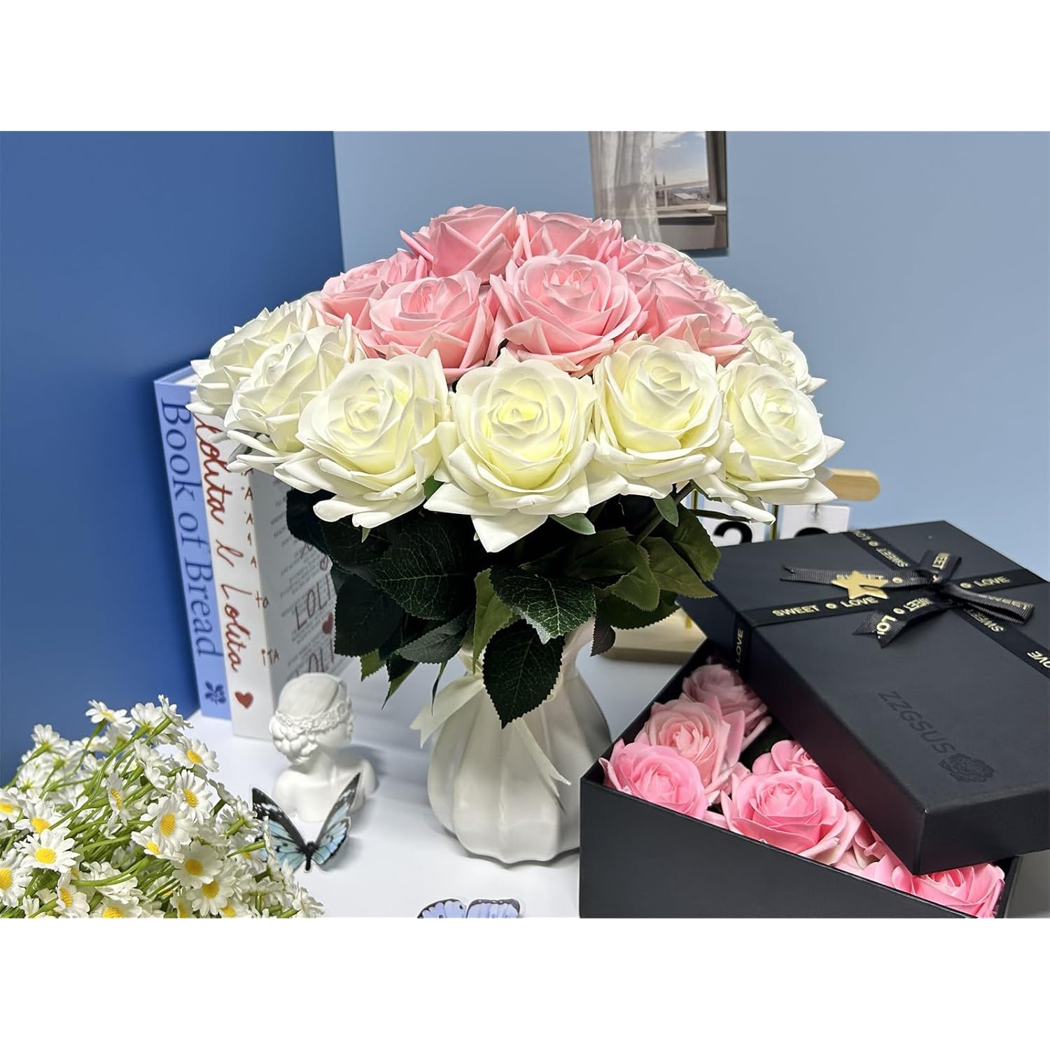 Real Touch Moisturizing Rose Bouquet - 19 Pieces 43Cm Artificial Flowers For Wedding Home Decoration,Gift Box Handheld Flowers For Various Festivals (19-Flower Gift Box Set (Excluding Vase))