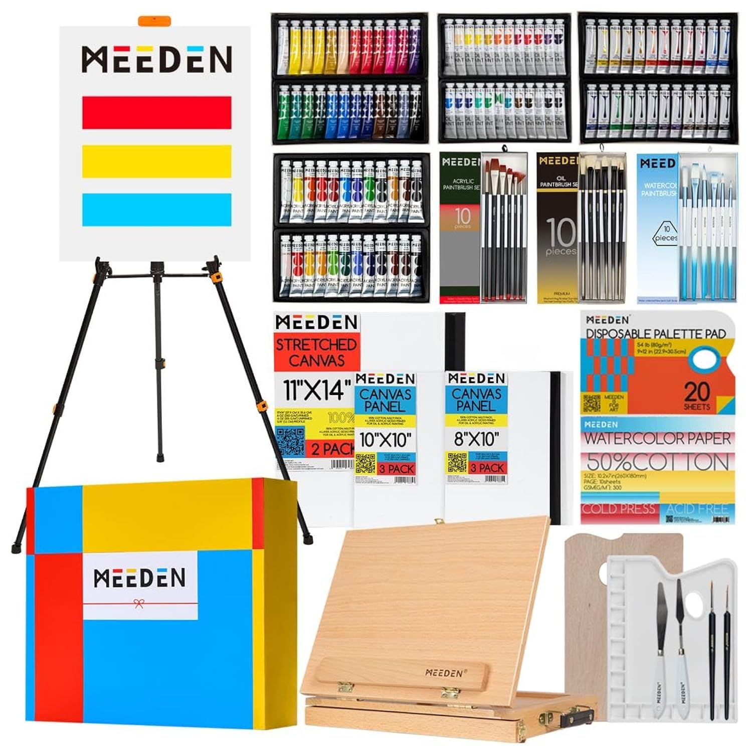 Professional Art Supplies - 142Pcs All-In-One Painting Kits For Adults, Beechwood Easel, Aluminum Alloy Bracket, 30 Quality Brushes, 96 Paints & Other Professional Art Supplies.