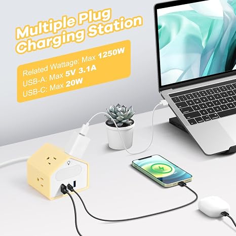 Power Strip with Night Light 20W USB-C Desk Charging Station Yolk Yellow