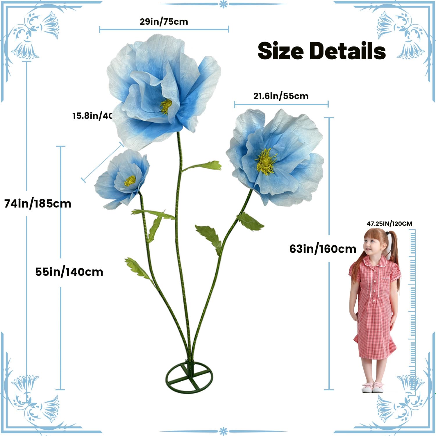 3Pcs Large Giant Artificial Flowers Decoration - Artificial Giant Paper Flowers For Wedding Graduation Bridal Shower Birthday Handcrafted Wall Backdrop Party Supplies (Blue)