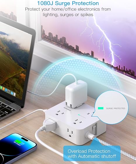 25FT Surge Protector Power Strip 8 Outlets 4 USB Ports 2 USB C Flat Plug Extension Cord