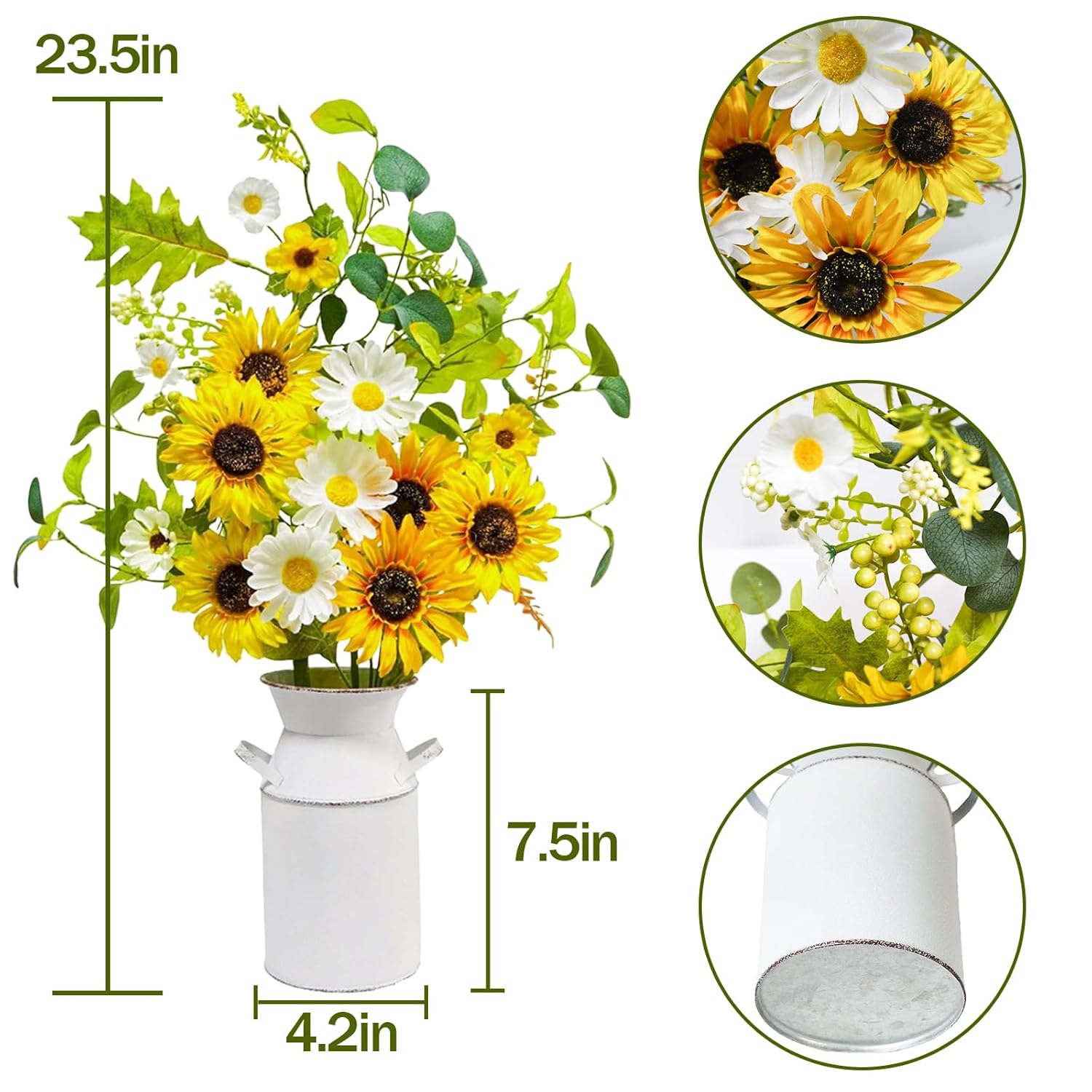 23.5" Faux Flowers In Vase, Silk Sunflower Artificial Flowers With Metal Pot Fake Sunflowers With Vase Flowers Arrangement Centerpieces For Table Kitchen Dining Living Room Home Spring Decor