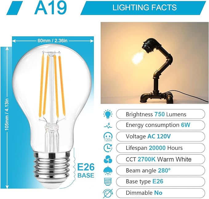 A19 LED Filament Light Bulbs 6 Pack 60W Equivalent 2700K Warm White E26 Clear Glass Non Dimmable