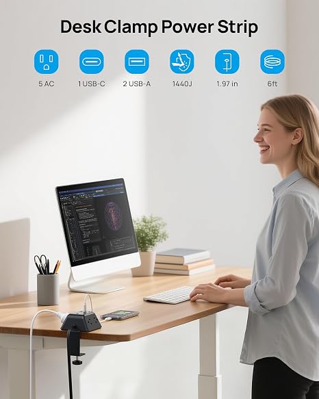 Desk Clamp Power Strip 5 Outlets 3 USB Ports 6FT Extension Cord Wall Mount Charging Station Black