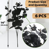 6 Pcs Artificial Black Eucalyptus Stems, 14" Eucalyptus Leaves Branches Bouquet For Flower Arrangement Diy, Black Silk Flowers For Home Halloween Farmhouse Decor (Black, 6)