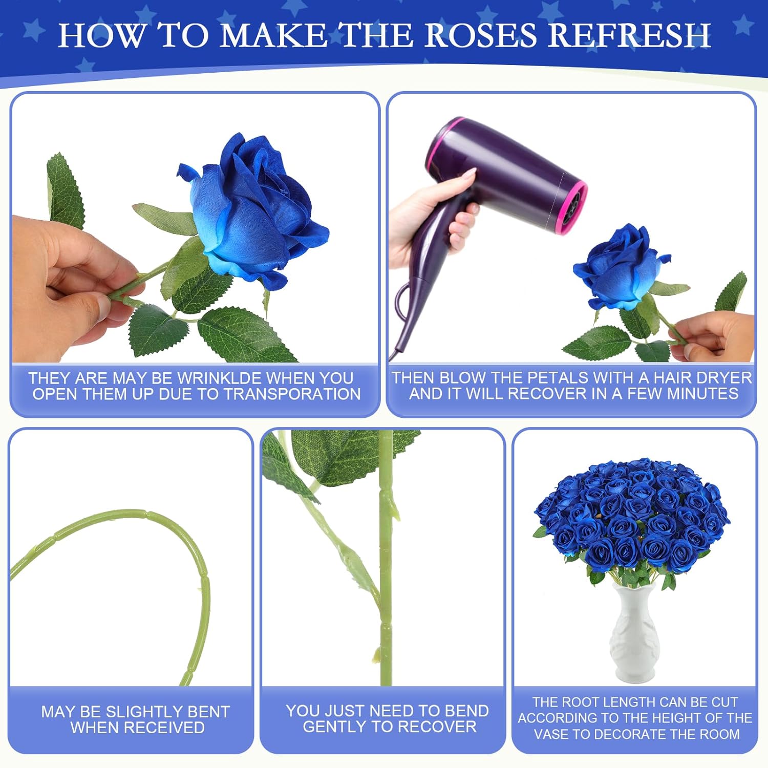 50 Artificial Roses In Bulk, Fake Silk Roses Realistic Blue Roses For Wedding Centerpieces Flower Arrangement Home Decor (50, Blue)