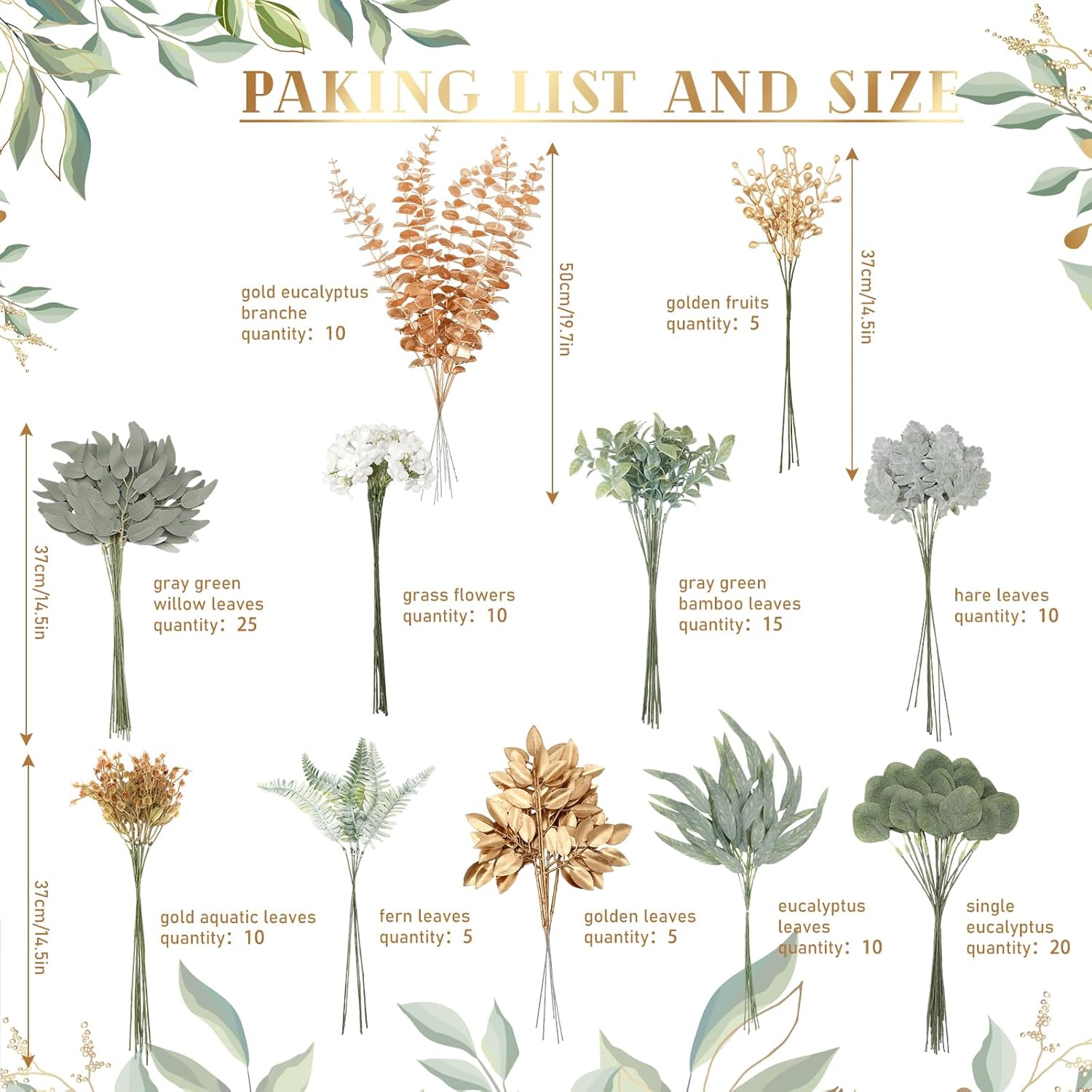 125 Pcs Artificial Greenery Stems Box Set With 11 Kinds Of Faux Greenery Stems And Golden Leaves White Flowers Eucalyptus For Diy Bridal Bouquets Arrangement Wedding Home Decor