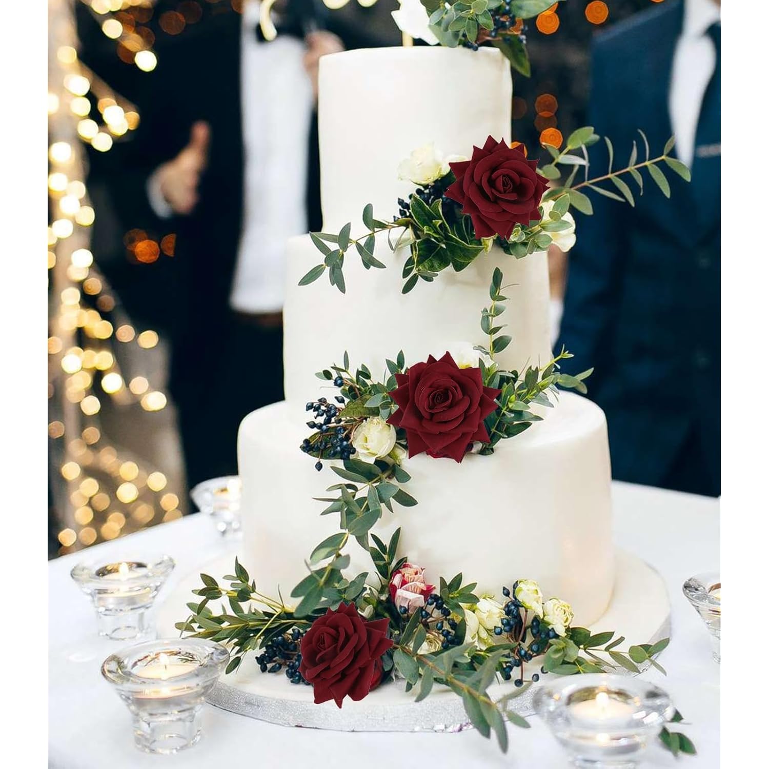 12Pcs Burgundy Roses Artificial Flowers Velvet Flowers With Long Stem Silk Fake Roses For Valentine'S Day Wedding Bridal Bouquets Floral Arrangement Table Centerpieces Home Decoration(Burgundy)
