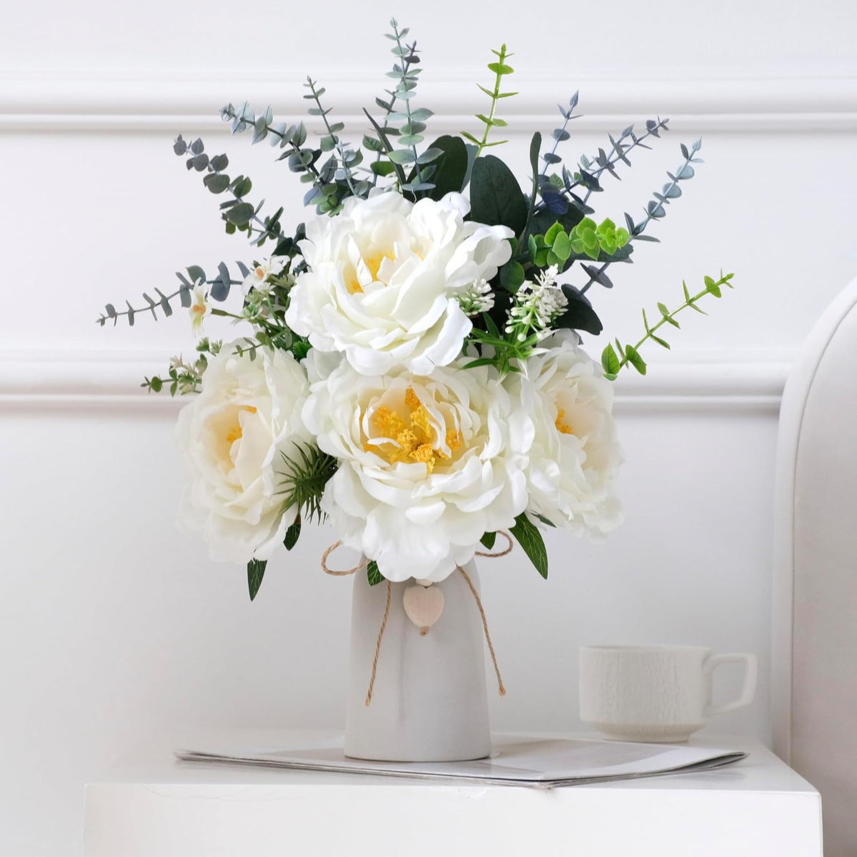 Artificial Peony Flower Arrangement In Vase, 16" Faux Flowers With Eucalyptus Stems And Decorative Leaves, White Ceramic Vase With Jute Rope & Heart Charm, Table Centerpiece For Farmhouse Decor
