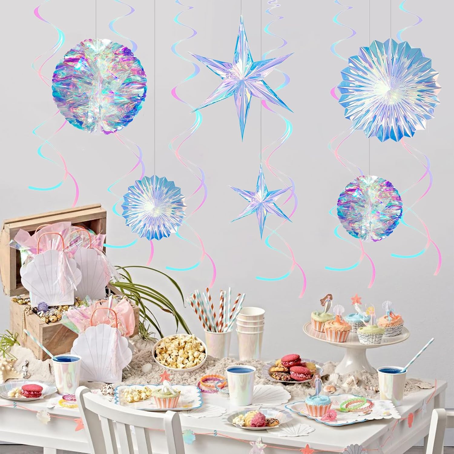 12 Pcs Iridescent Party Decoration,Hanging Honeycomb,Decorative Iridescent Foil Fan,Shiny Star, Hanging Rainbow Swirl For Wedding,Christmas,Baby Shower Frozen,Mermaid Themed Birthday Party Supplies