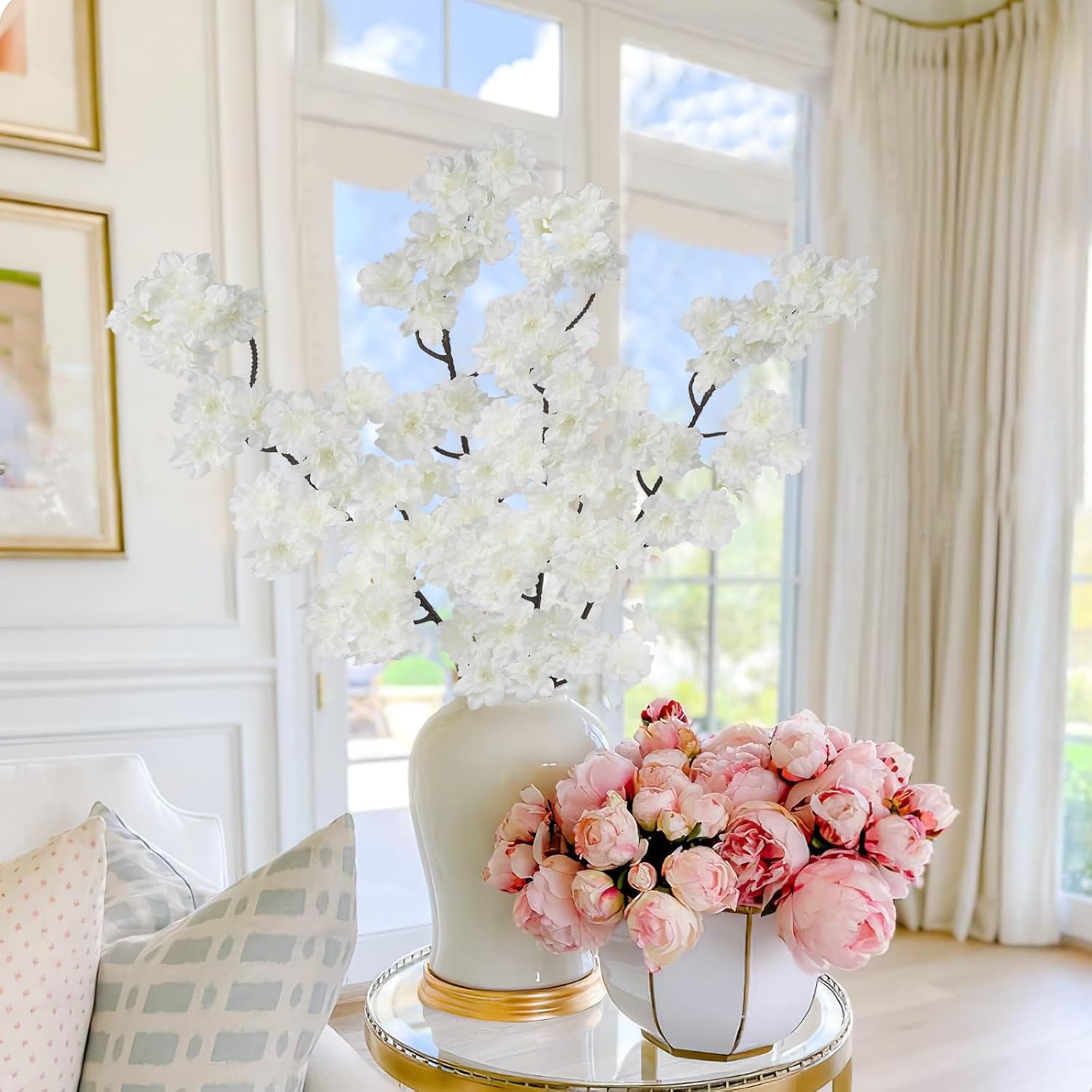 2 Pcs Artificial Cherry Blossom Flowers Branches 41" Faux Cherry Blossom Long Stem White Silk Cherry Blossom Tree Tall Fake Flower Arrangement For Home Wedding Centerpieces Spring Indoor Decor