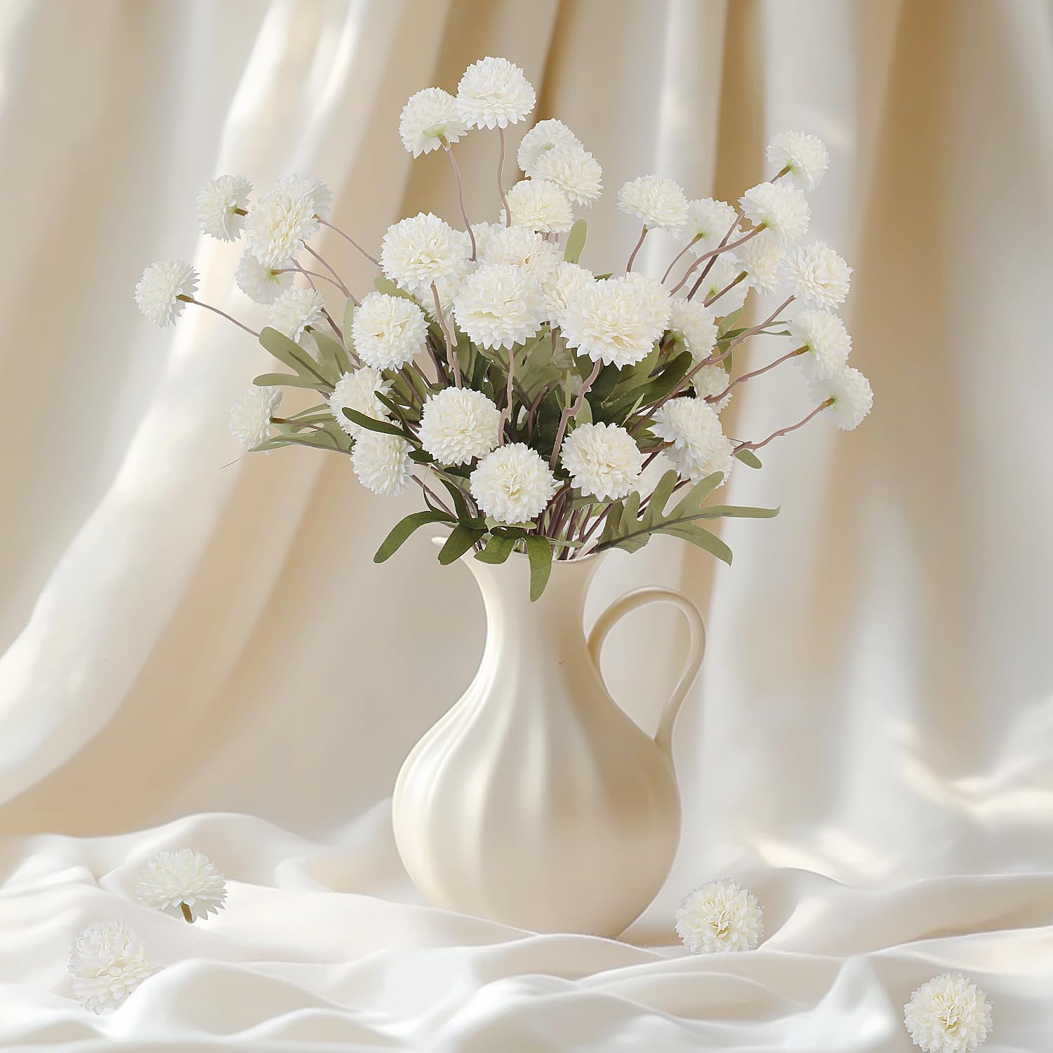 Faux Pompon Mum Flowers - 14Pcs Realistic Artificial Chrysanthemum Flower, Beige Silk Fake Kiku Blooms Flower Bulk With Eucalyptus Stems For Home Decor, Wedding Centerpieces, Floral Arrangements