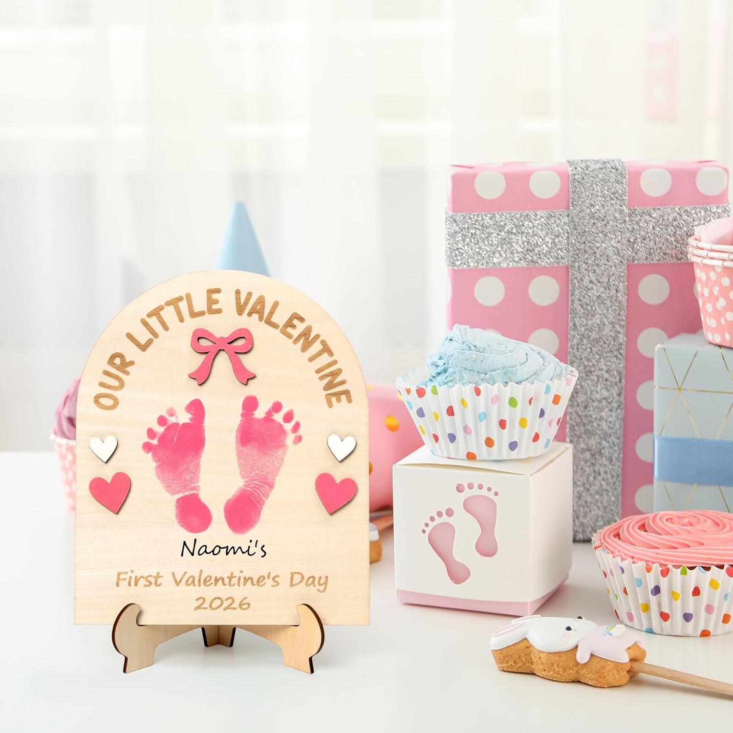3D Baby'S First Valentine Footprint Or Handprint Art Sign Craft, Our Little Valentine Pink Bow Diy Wooden Hanging Decoration, Newborn Keepsake Gift For Valentine'S Day Photo Prop Nursery Decor